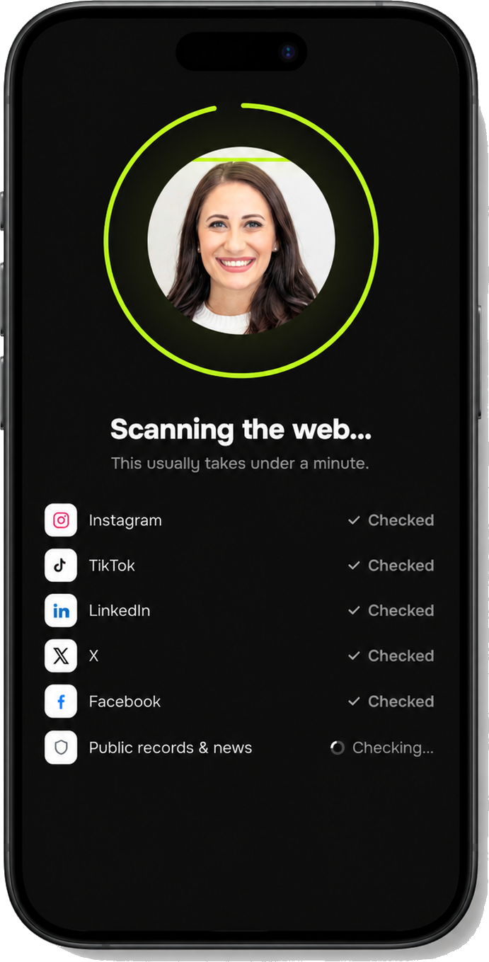 WhoIRL scanning the web, checking Instagram, TikTok, LinkedIn, X, Facebook, and public records